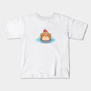 Cute Christmas Otter in Santa Hat Floating Kids T-Shirt